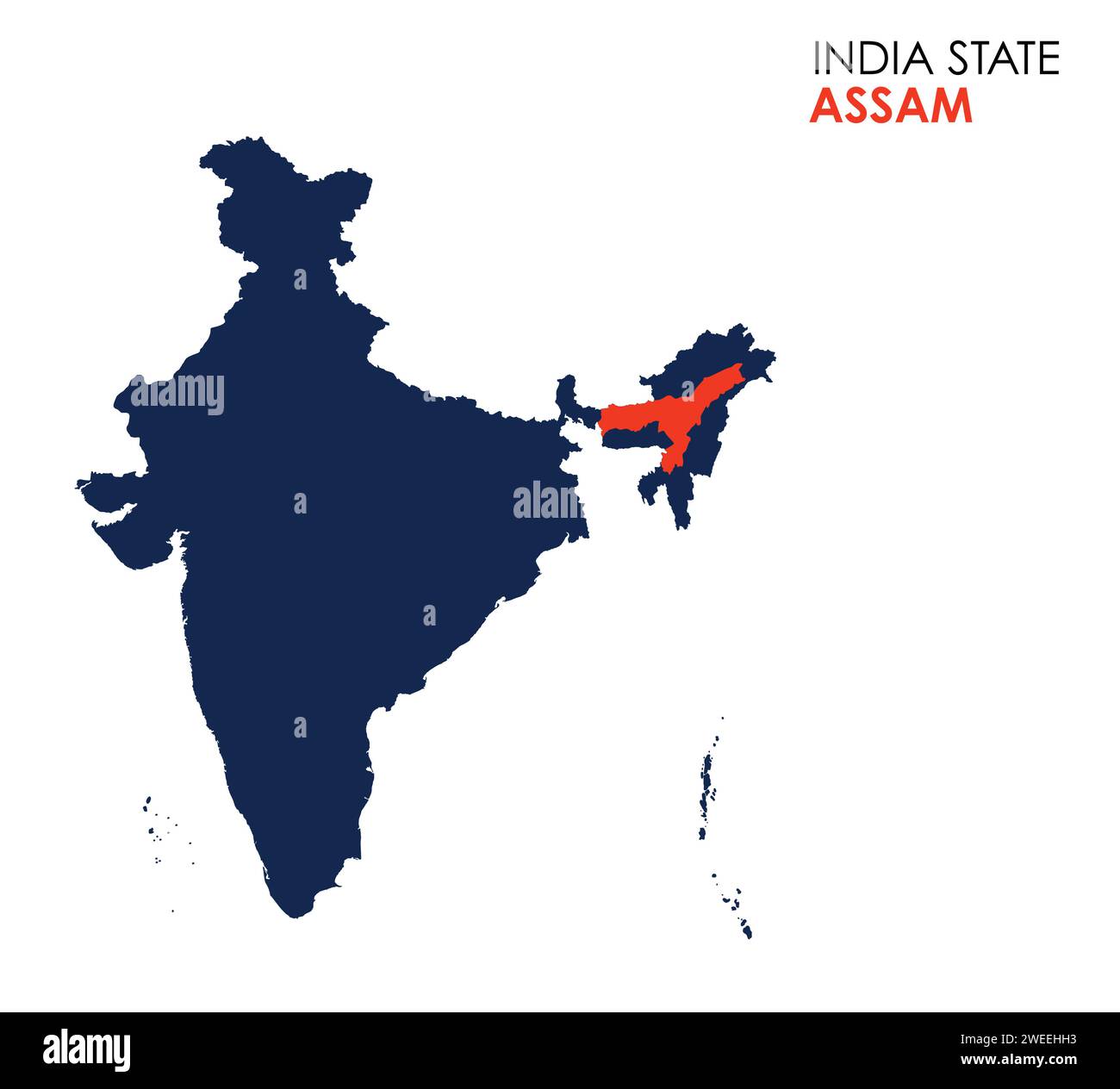 Assam Karte des indischen Bundesstaates. Abbildung des Assam-Kartenvektors. Assam-Vektorkarte auf weißem Hintergrund. Stock Vektor