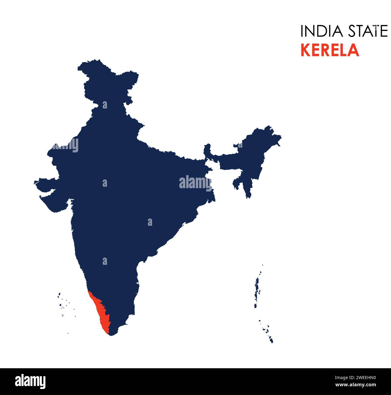 Kerala Karte des indischen Bundesstaates. Kerala-Kartenvektorillustration. Kerala-Vektorkarte auf weißem Hintergrund. Stock Vektor