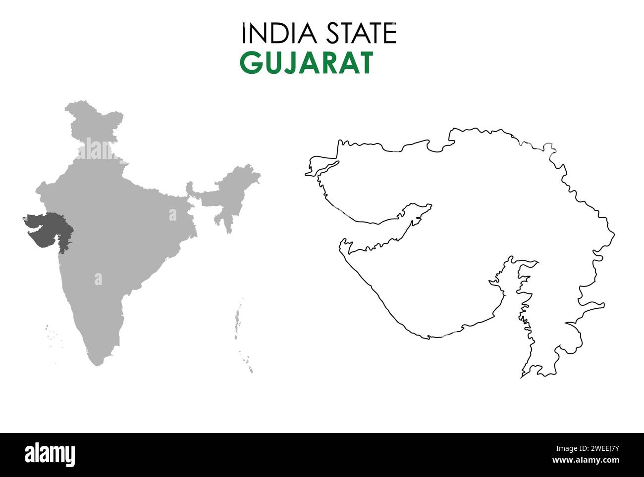 Gujarat Karte des indischen Bundesstaates. Gujarat-Kartenvektor-Illustration. Gujarat-Karte auf weißem Hintergrund. Stock Vektor