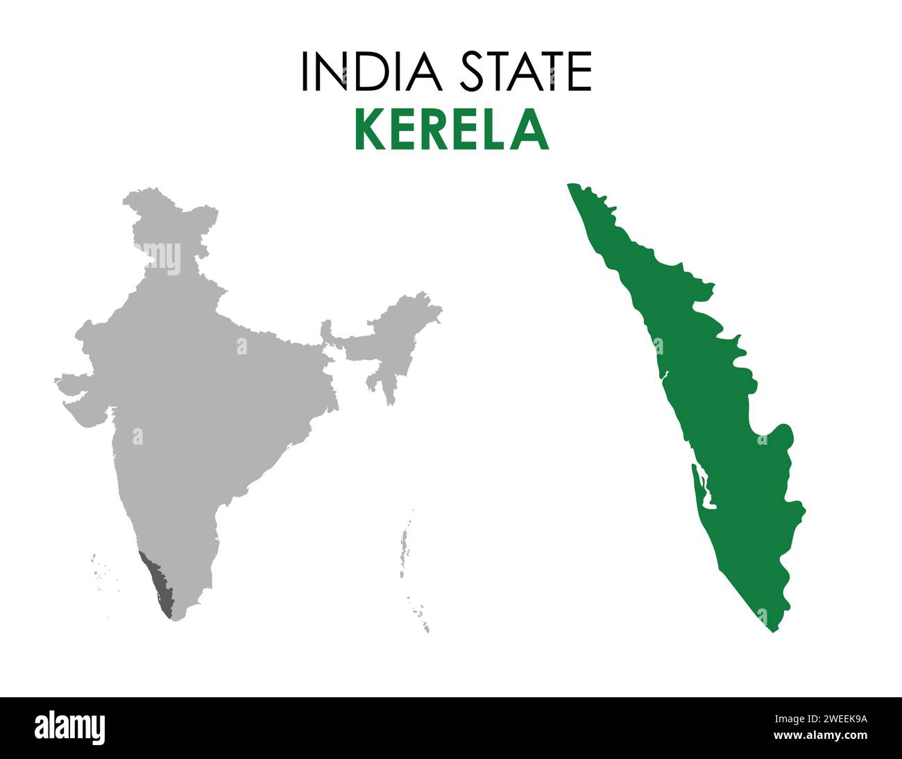 Kerala Karte des indischen Bundesstaates. Kerala-Kartenvektorillustration. Kerala-Vektorkarte auf weißem Hintergrund. Stock Vektor