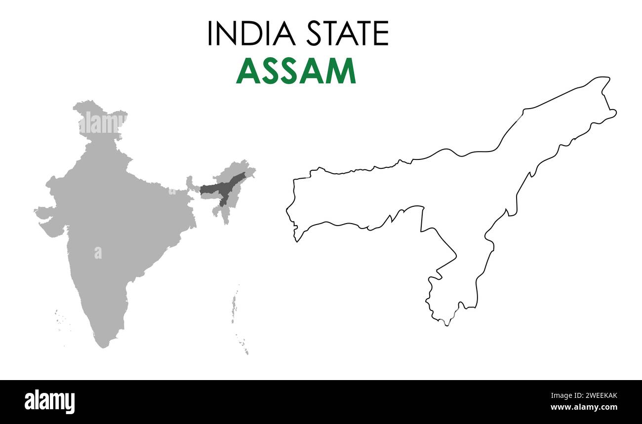 Assam Karte des indischen Bundesstaates. Abbildung des Assam-Kartenvektors. Assam-Vektorkarte auf weißem Hintergrund. Stock Vektor