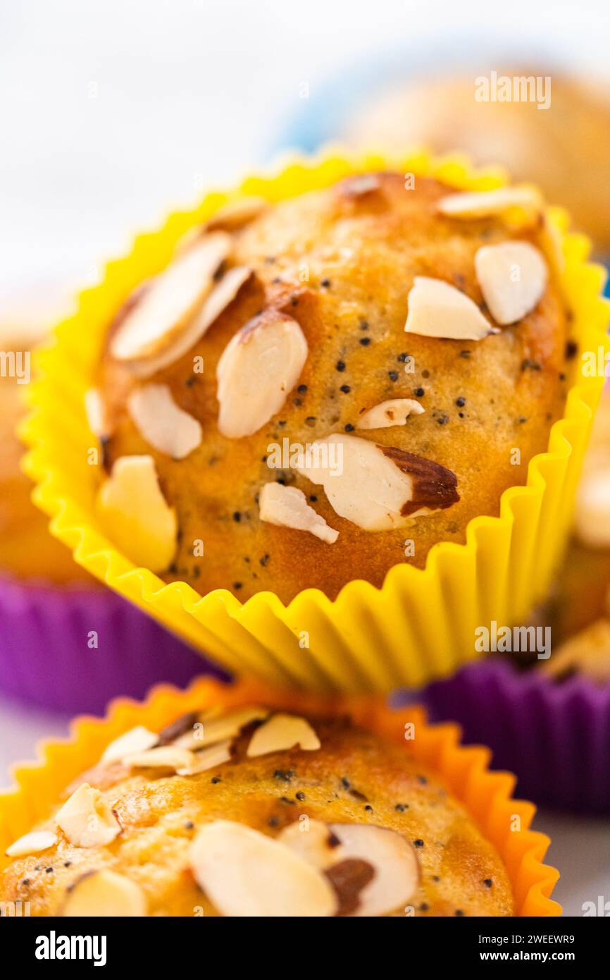 Muffins aus Zitronenmohn, garniert mit Mandelsplittern Stockfoto