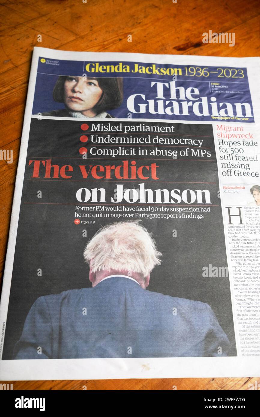 Der Partygate-Bericht „The Urdict on (Boris) Johnson“ hat die Titelseite des Parliament Guardian in die Irre geführt artikel 16 Juni 2017 London Großbritannien Großbritannien Großbritannien Stockfoto