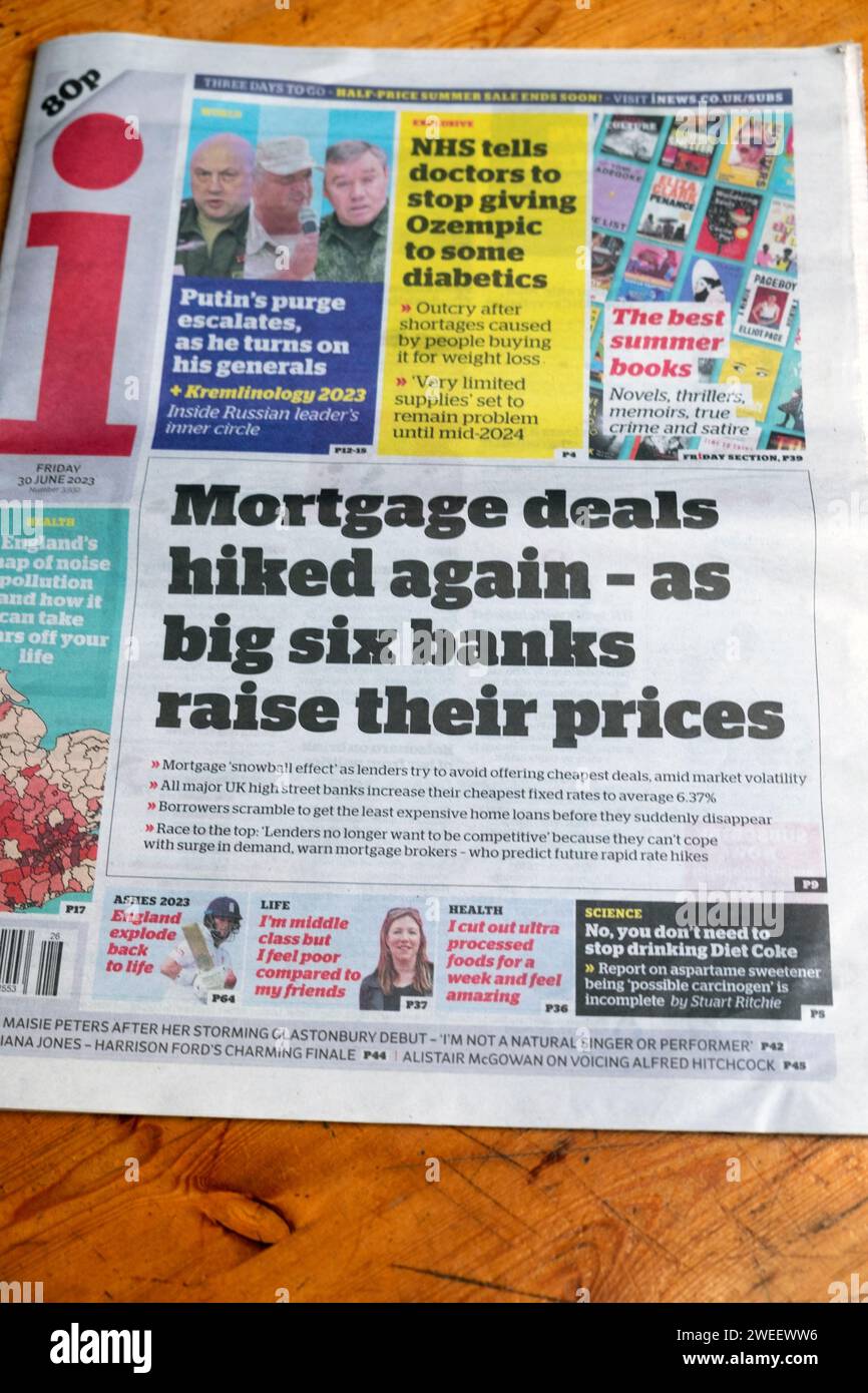 "Hypothekengeschäfte stiegen wieder an - da die großen sechs Banken ihre Preise erhöhen" i Zeitung Titelseite des Immobilienmarktes artikel Überschrift 30 Juni 2023 London Großbritannien Stockfoto