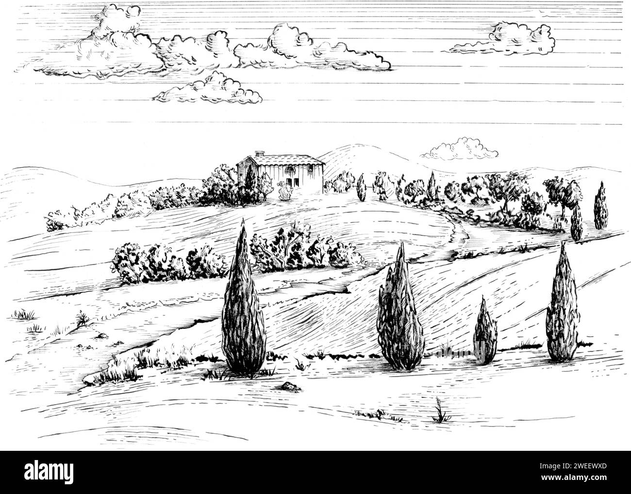 Tuschzeichnung einer typischen mediterranen ländlichen Landschaft. Traditionelle Illustration auf Papier. Stockfoto