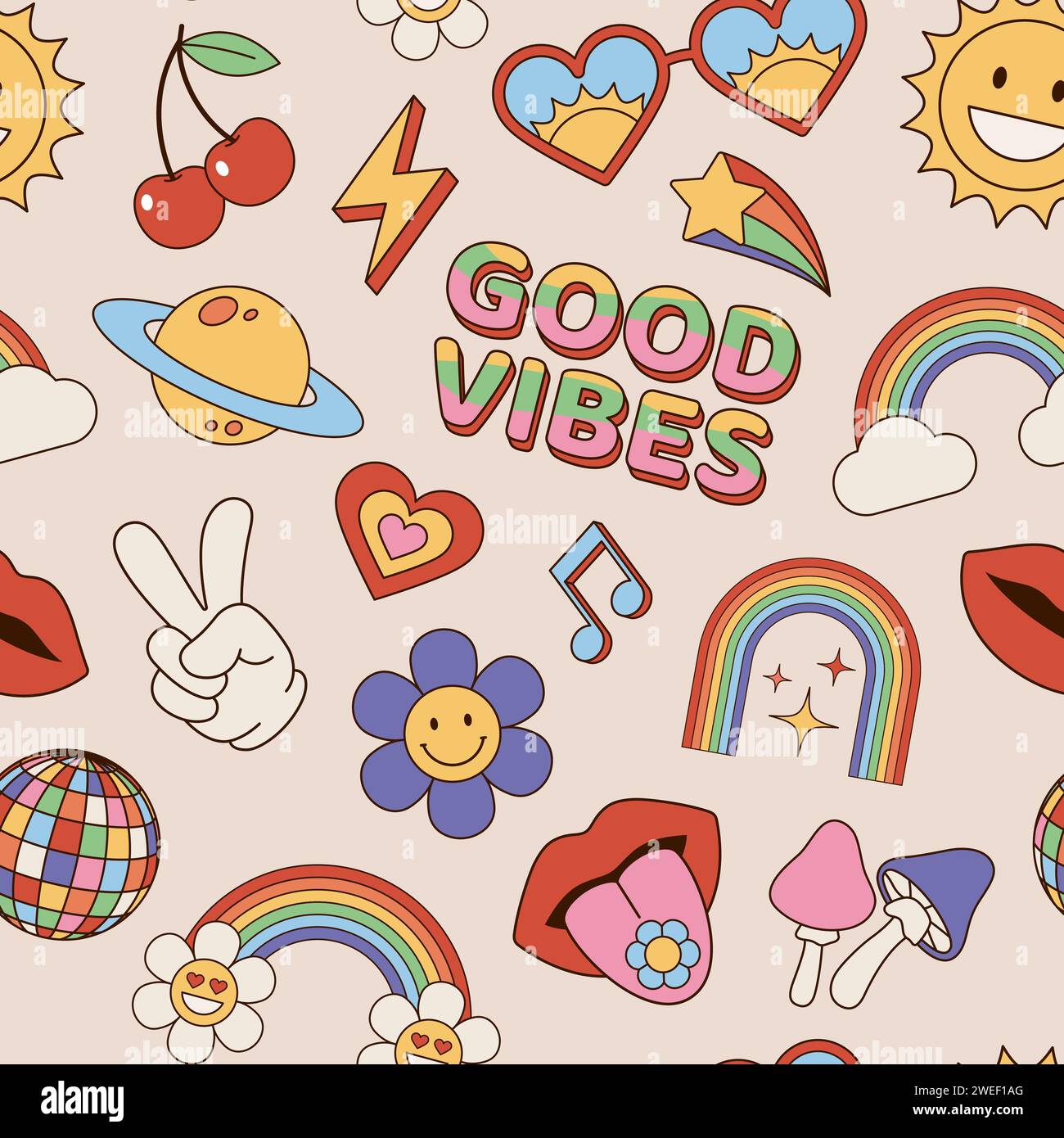 Nahtloses Hippie-Muster, Hintergrund. Set aus Vintage-, Retro- und Hippie-Symbolen, Elementen und Objekten. Vektorabbildungen. Stock Vektor