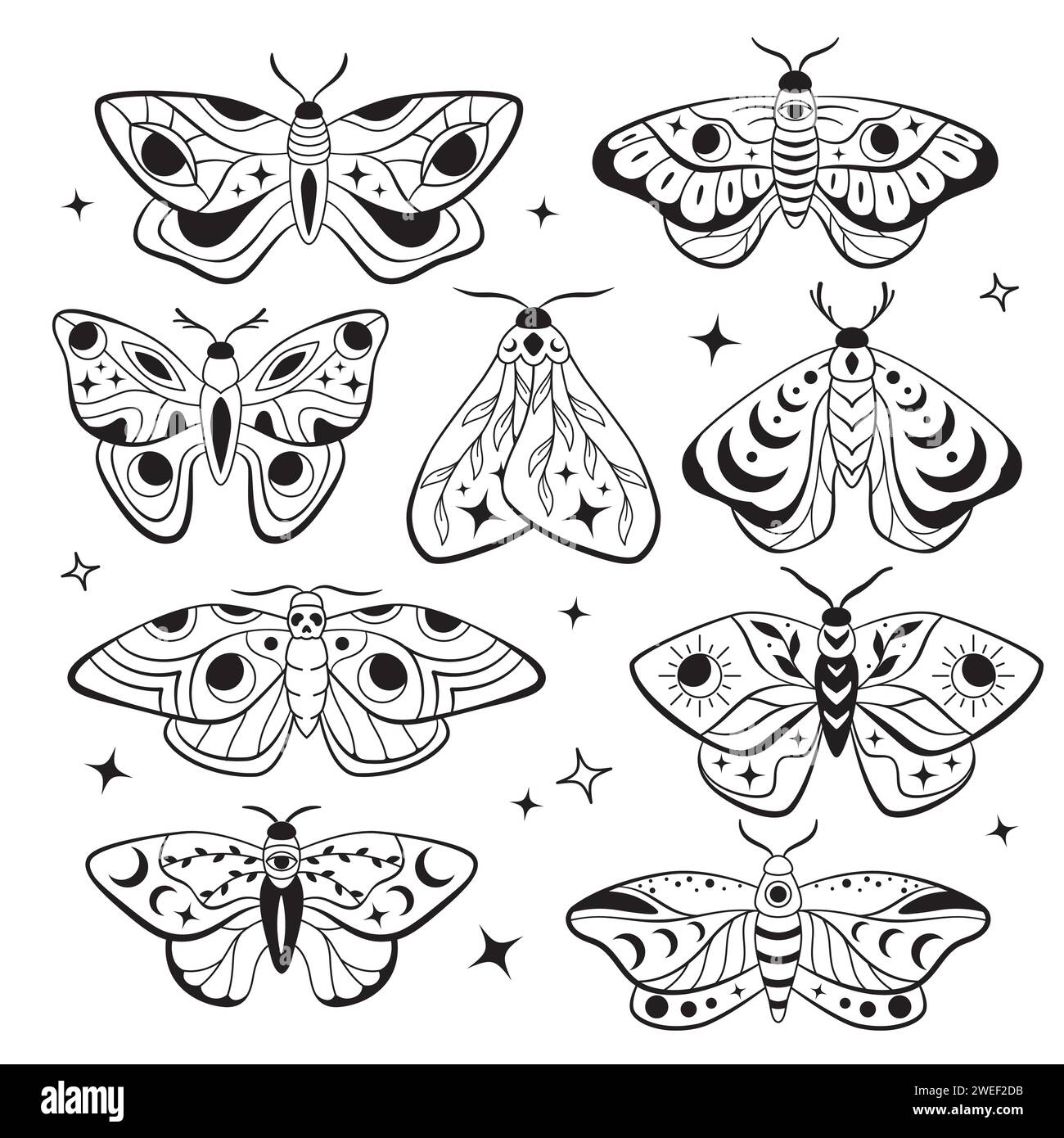 Himmlische Mondnachtschalter, esoterische Schmetterlinge, Boho-Linien-Illustrationen, Satz von Vektorzeichnungen Stock Vektor