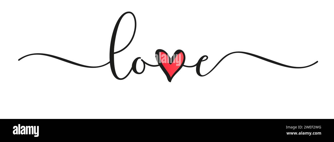 Liebe, schwarze Pinsel Kalligraphie zum Valentinstag. Text LOVE und Herzform für Muttertag, Frauentag oder Hochzeitsgrußkarten. Vektor Stock Vektor