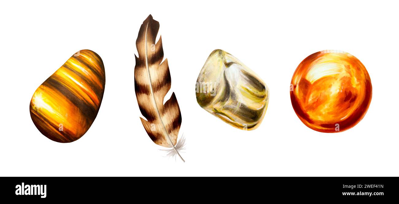 Aquarell handgezeichnete Wurzel- und Sakral-, Solar Plexus Chakras Edelsteine und Federillustrationen. Hematit, Tigerauge, Orangenkalzit und Karneol, T Stockfoto