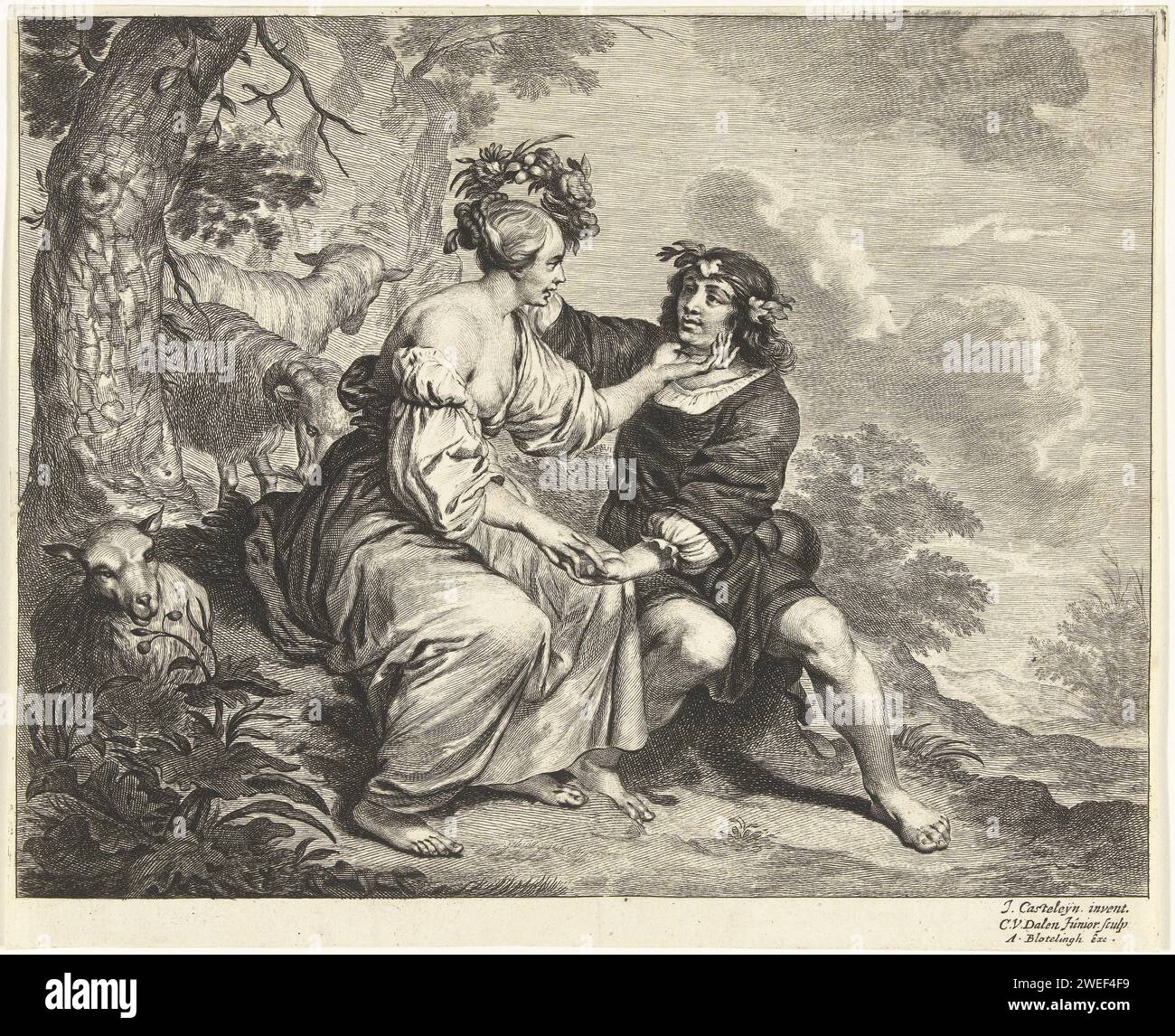 Herder und Herderin in Landschap, Cornelis van Dalen (II), nach Casper Casteleyn, 1648 - 1664 Druck Amsterdam Papier Radierung / Gravur Pastorale, arkadische Szenen. Hirten, Hirten, Hirten, Hirten, Hirten, Hirten, Hirten, Kuhhirte usw. Stockfoto