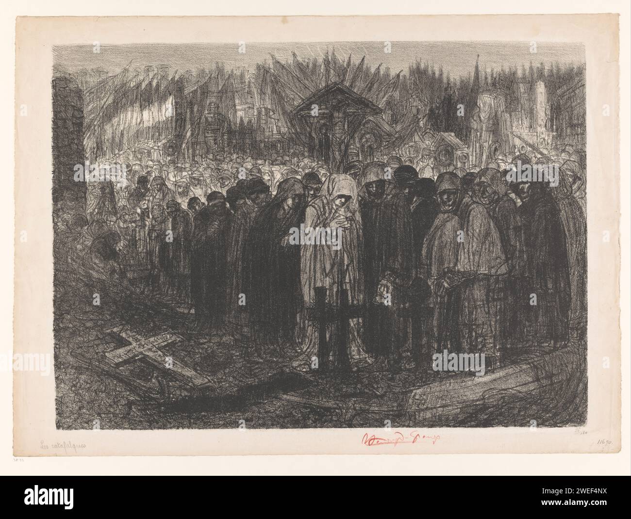 Große Menschenmenge mit Kapuze auf einem Friedhof, Henri de Groux, 1877 - 1930 Druckpapier Kirchhof, Friedhof. Menge, Mob. Kopf – Zahnrad: Motorhaube Stockfoto