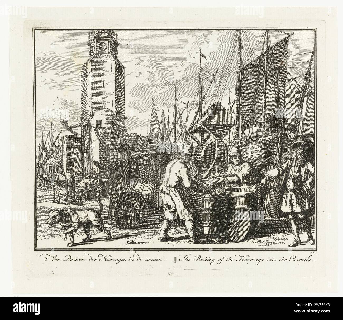 In Tonnen verpackte Stifte, Adolf van der Laan, nach Sieuwert van der Meulen, 1728 - 1761 auf dem Kai drucken, der gefangene Hering wird in Tonnen verpackt und weggenommen. Segeljubel und ein Turm im Hintergrund. Der Druck ist Teil einer 32-teiligen Druckserie mit Darbietungen über den Heringsfang. Amsterdamer Papier zur Meeres- und Küstenfischerei. Holzbehälter: Fass, Fass, Eimer. Knöcherne Fische: Hering Stockfoto