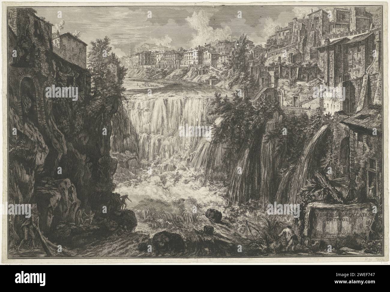 Waterval in Tivoli, Giovanni Battista Piranesi, 1748 - 1778 Print Blick auf den Wasserfall in Tivoli. Titel auf Block unten rechts. Rom Papierätzung Wasserfall. Blick auf die Stadt und Landschaft mit künstlichen Bauten Tivoli Stockfoto