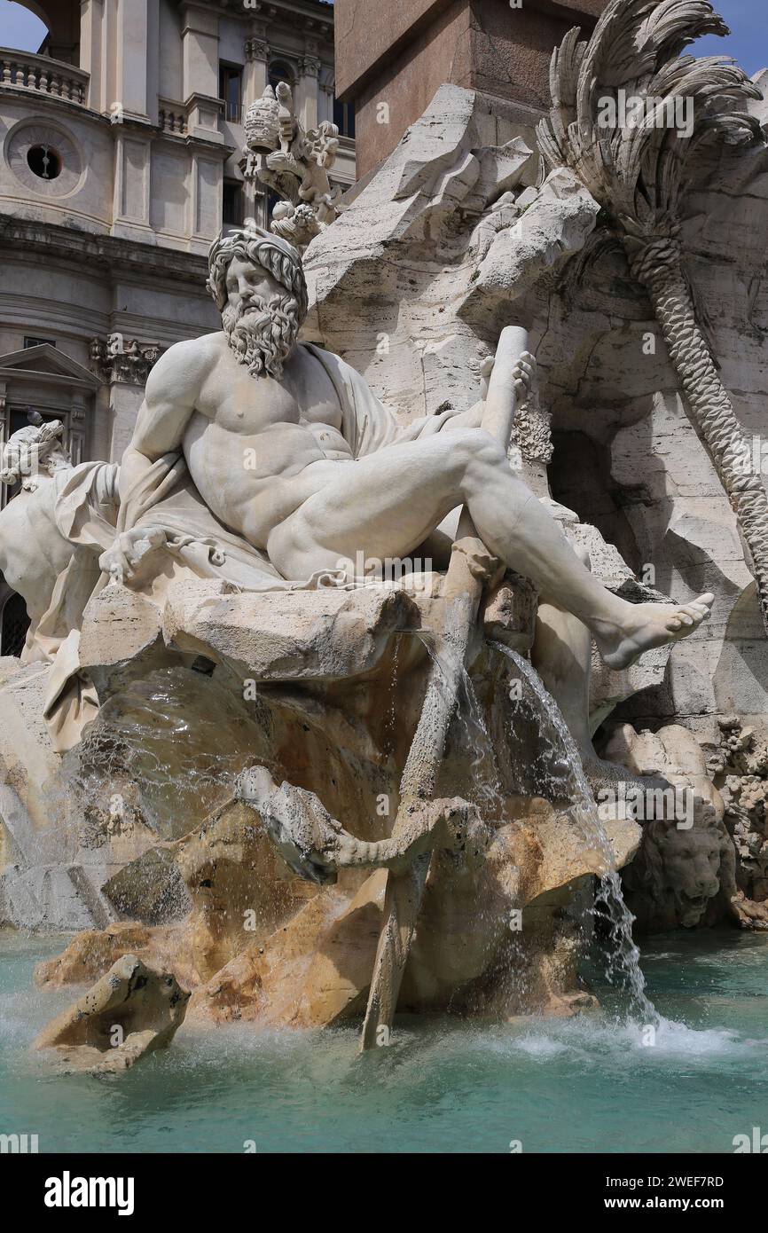 Italien. Rom. Fontana die Quattro Fiumi. Piazza Navona. Gott des Ganges von Gian Lorenzo Bernini, 1651. Stockfoto