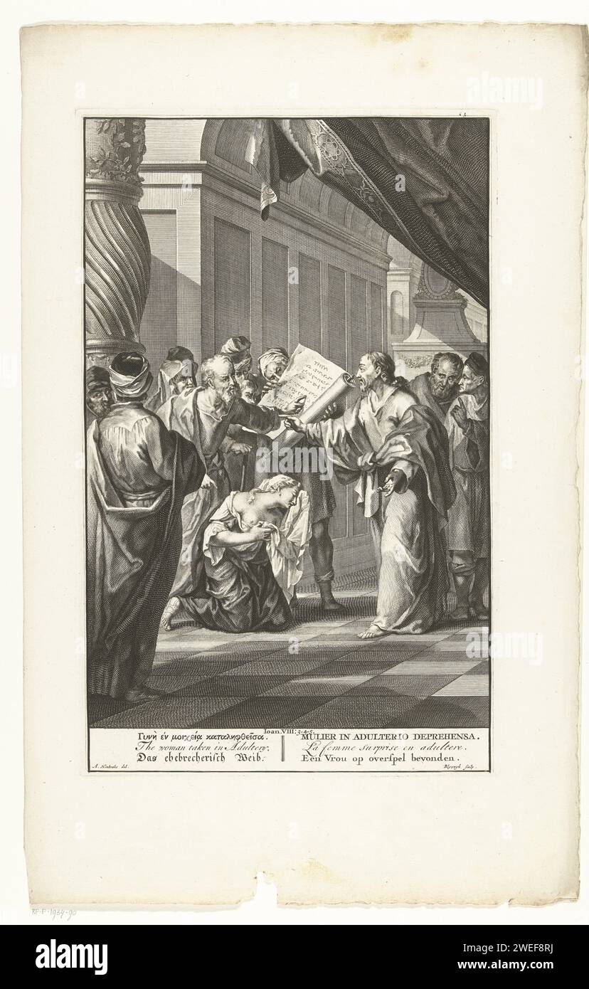 Christus und die ehebrecherische Frau, Francois van Bleyswijck, nach Arnold Houbraken, 1728 drucken die Schriftgelehrten und Pharisäer fragen Christus, was sie mit einer Frau machen sollen, die in Ehebruch geraten ist. Ein Mann verweist auf das Gesetz von Moses, dass sie gesteinigt werden muss. Unter der Aufführung befindet sich ein Bibeltext aus Johannes 3-5 in sechs Sprachen Leiden Papier mit Gravur des toten Christus, der zu Füßen Mariens liegt Stockfoto