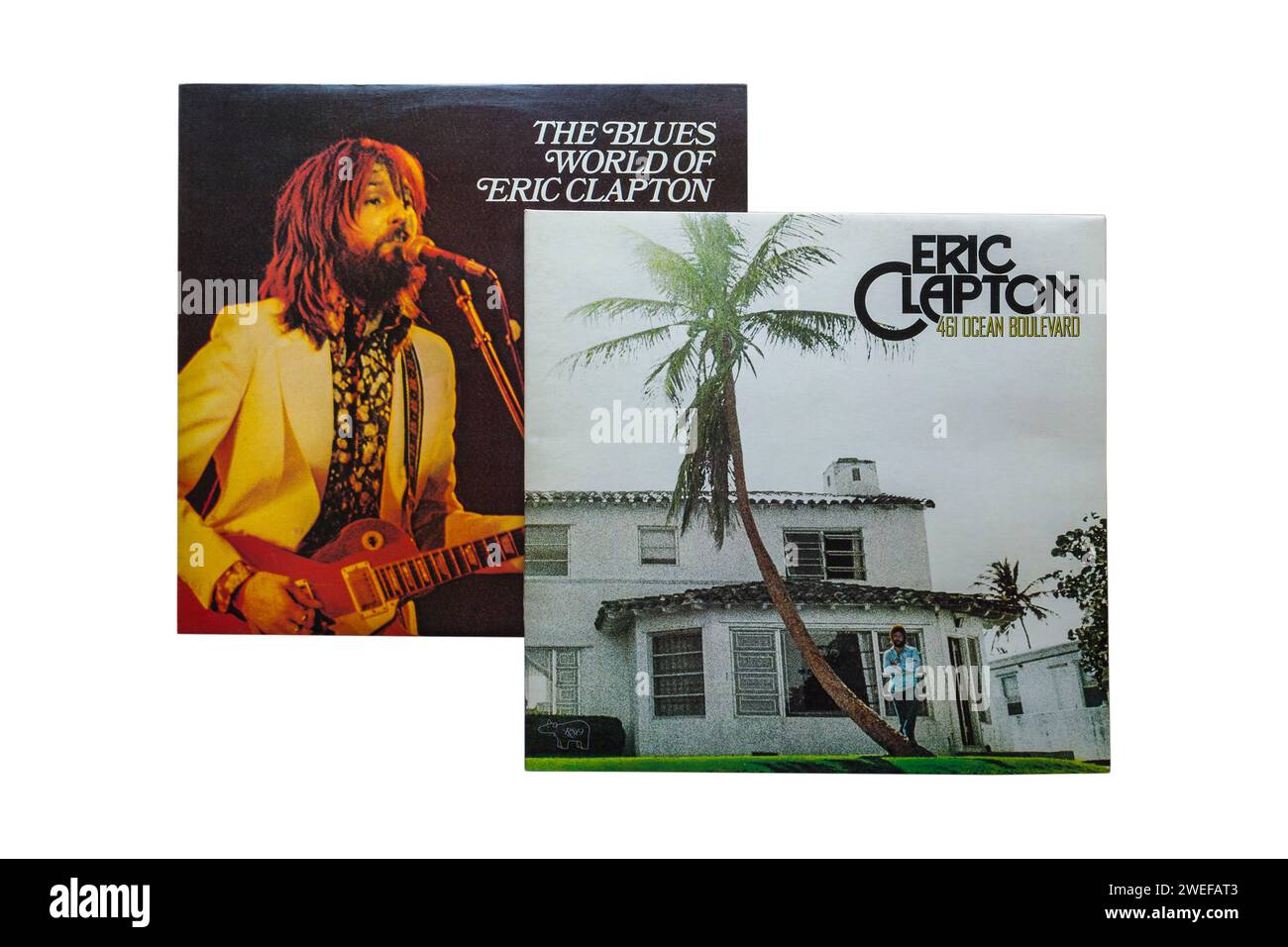 Eric Clapton 461 Ocean Boulevard1974 & The Blues World of Eric Clapton 1975 Album-Cover isoliert auf weißem Hintergrund Stockfoto