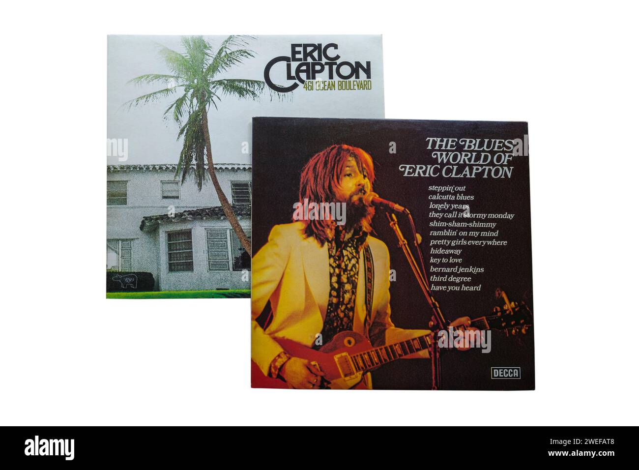 The Blues World of Eric Clapton 1975 & Eric Clapton 461 Ocean Boulevard1974 Vinyl-Album-Cover isoliert auf weißem Hintergrund Stockfoto