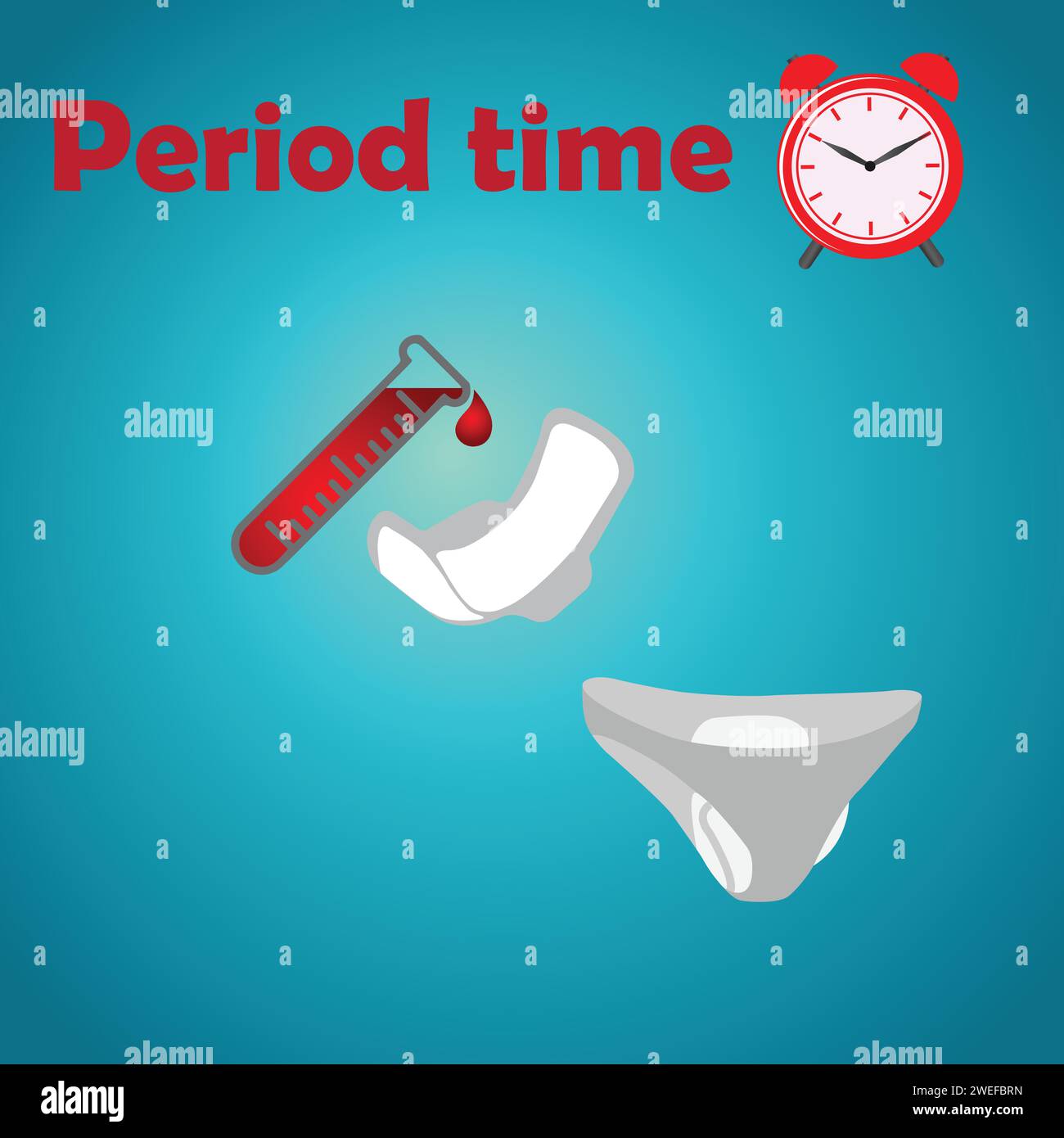Menstruationszykluskonzept, Frauenhygieneprodukte, Uhr und Textzeitpunkt Stock Vektor