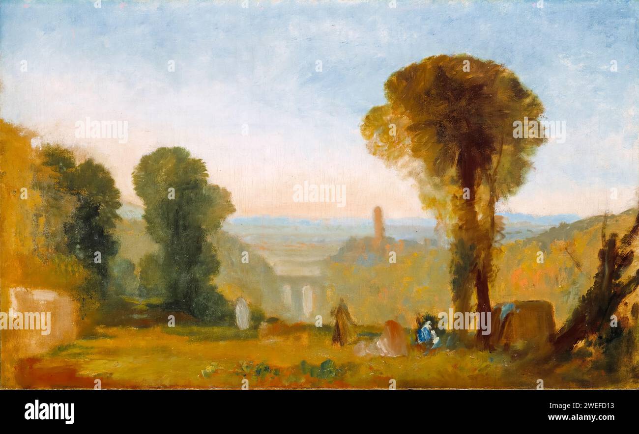 JMW Turner, italienische Landschaft mit Brücke und Turm, Ölgemälde auf Leinwand, um 1827 Stockfoto