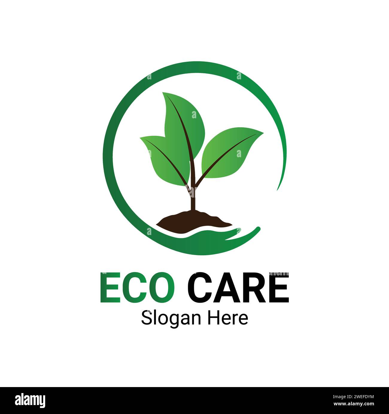 Baum mit Hand and Leaf Eco Care Logo Concept Vector Template Design speichern. Abbildung des Symbols für das Natural Care-Logo. Stock Vektor