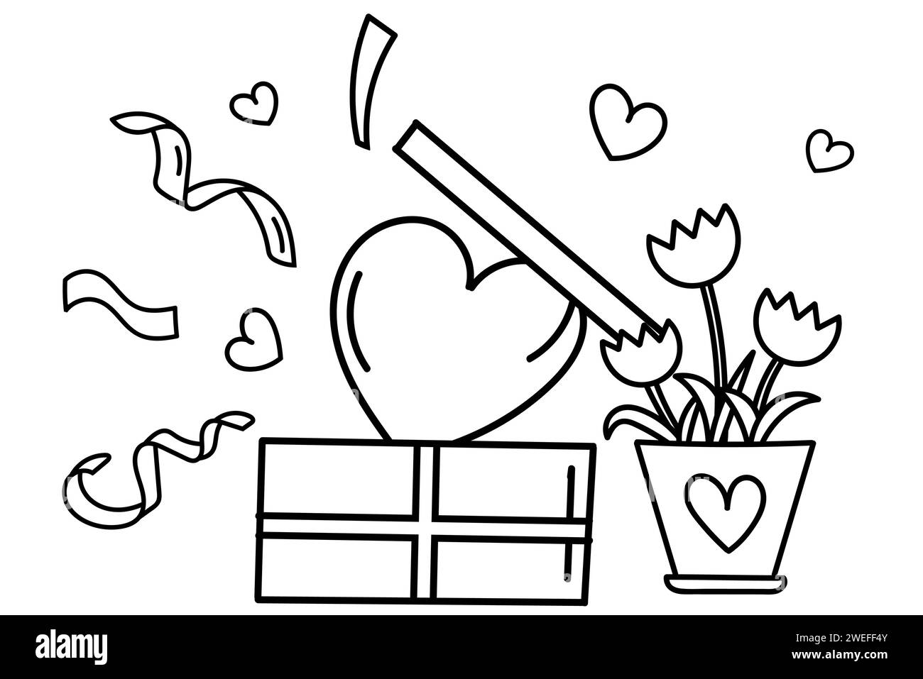 Die Valentinstag-Malseite zeigt Eine niedliche Illustration Einer Geschenkbox mit Einem Herz im Inneren, perfekt für Ein Malbuch am 14. Februar Stock Vektor
