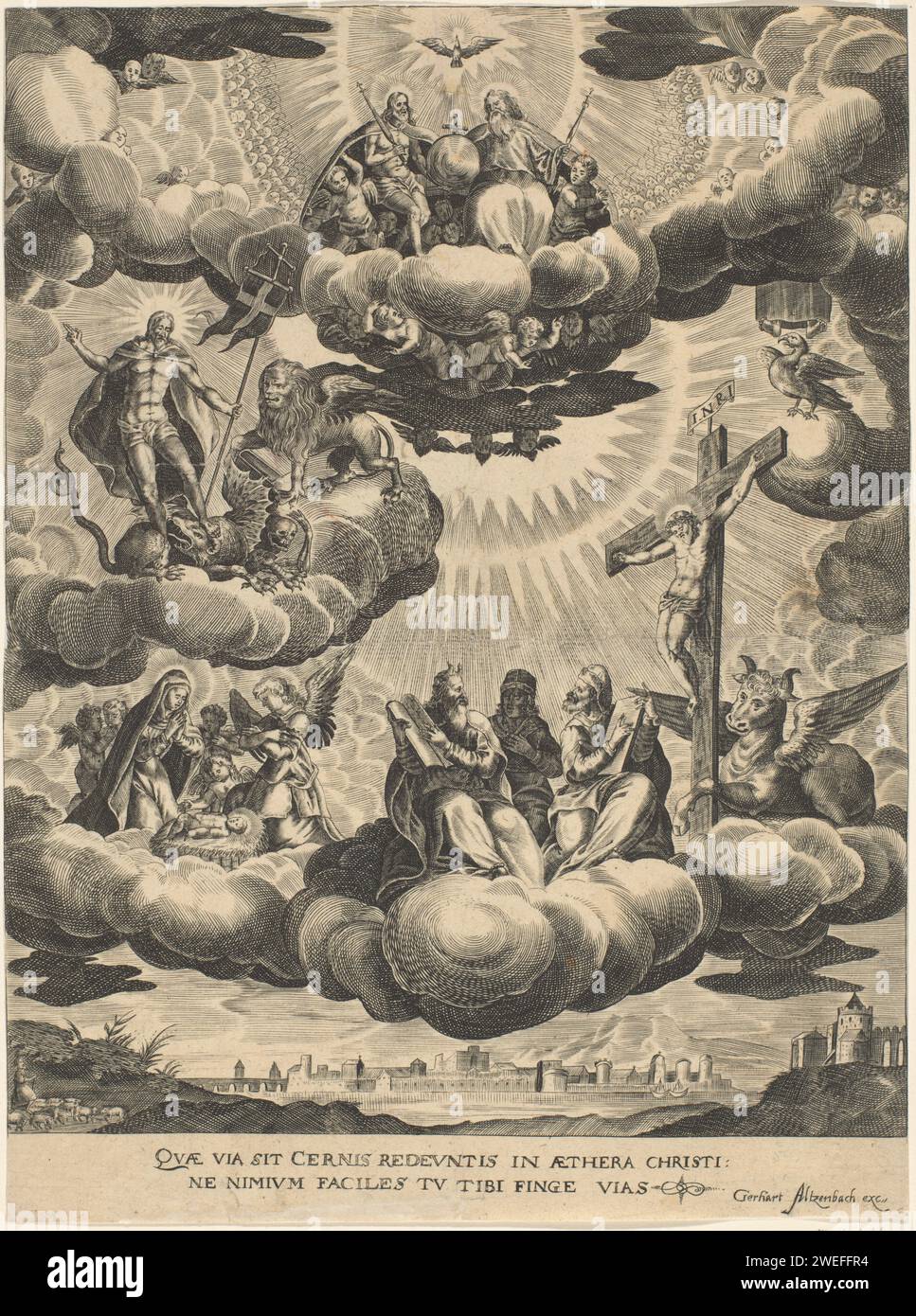 Christ as victor, Guillaume Altzenbach, 1650 - 1672 Print Deutschland Papierstich Christus triumphierend über Teufel(e). Trinity als drei Personen. Madonna: Maria mit dem Christkind (+ Engel). Kreuz als Symbol Christi. Die vier Symbole der Evangelisten, "die apokalyptischen Bestien". Die drei Patriarchen zusammen: Abraham, Isaak, Jakob (nicht im biblischen Kontext) Stockfoto