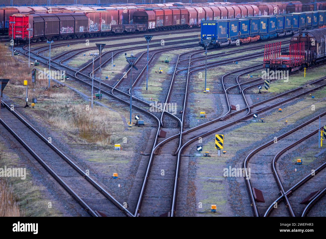Wismar, Deutschland. Januar 2024. Güterwagen werden auf dem Rangierbahnhof am Seehafen abgestellt. Die Deutsche Zugführergewerkschaft (GDL) hat einen mehrtägigen Streik bei der Deutschen Bahn ausgerufen. Dies ist die vierte und mit Abstand längste Arbeitskampfmaßnahme im laufenden Lohnstreit bei der Deutschen Bahn. Quelle: Jens Büttner/dpa/Alamy Live News Stockfoto
