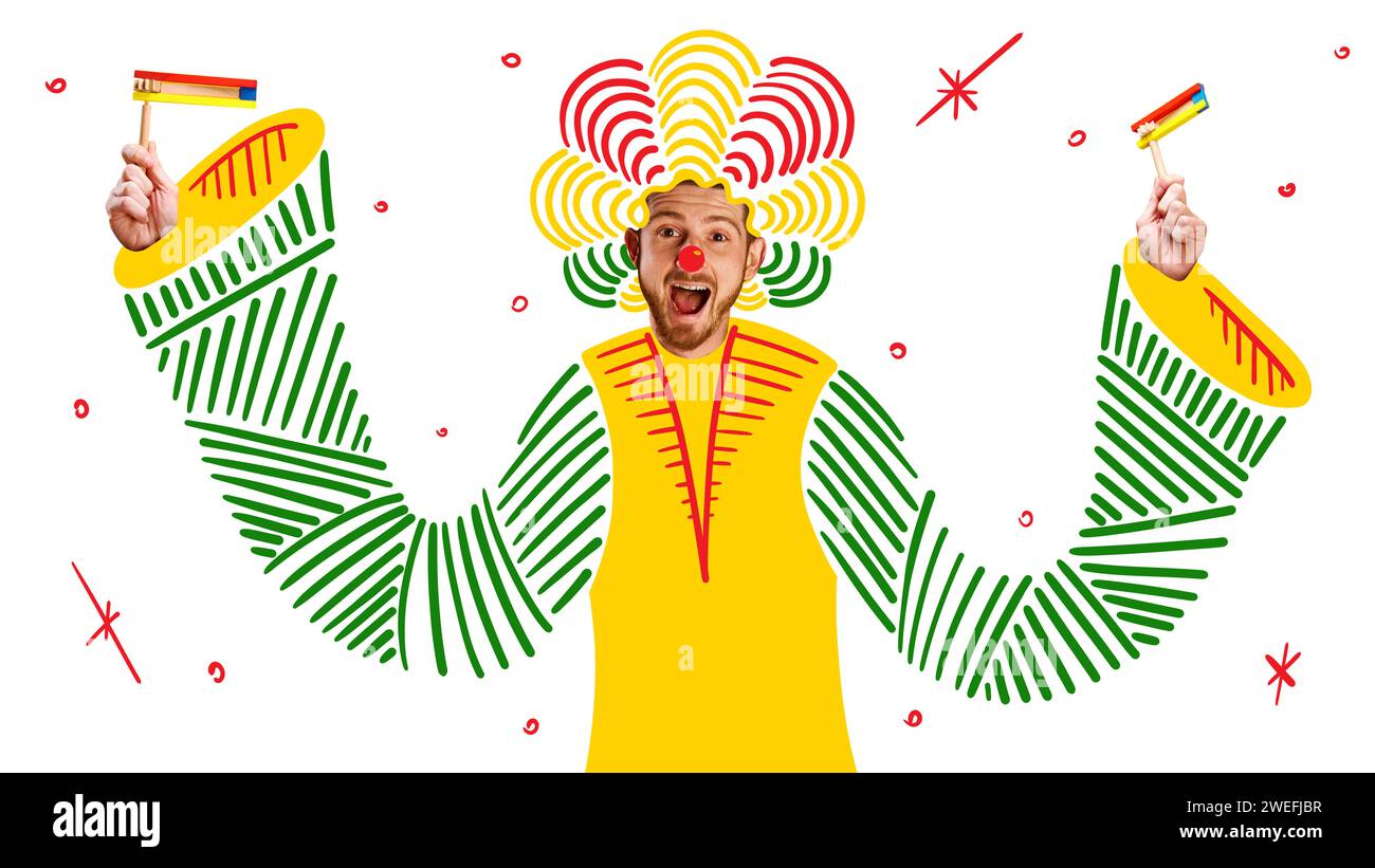 Banner. Moderne ästhetische Kunstwerke. Mann als Clown gekleidet mit roter Nase in skurrilem Kopfschmuck, der mit grogger vor festlicher Kulisse spielt. Stockfoto