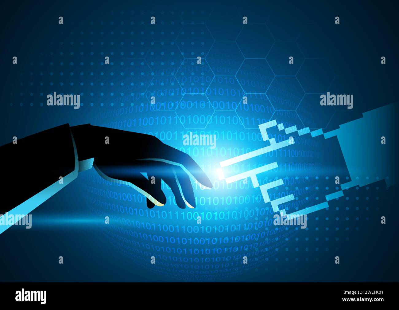 Konzeptuelle Illustration einer menschlichen Hand, die pixelige Hand auf futuristischem Hintergrund berührt, Verbindung zwischen Mensch und Technik Stock Vektor