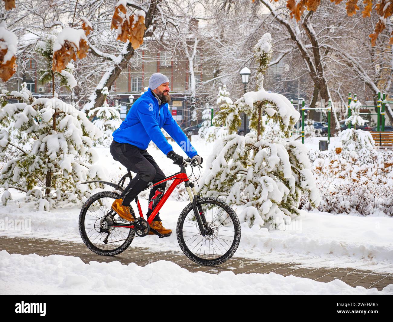 Ein fröhlicher Mann fährt mit dem Fahrrad in einem Winterpark zwischen schneebedeckten Bäumen. Bärtiger Radfahrer in blauer Jacke. Aktiver Lebensstil Stockfoto