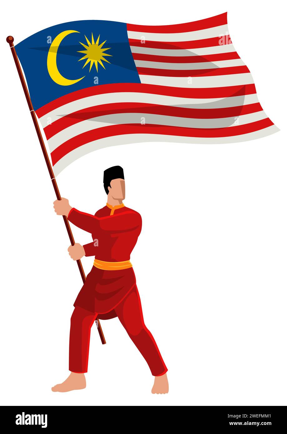 Vektor-Illustration eines Mannes in malaiischer Tracht, der die Flagge von Malaysia hält Stock Vektor