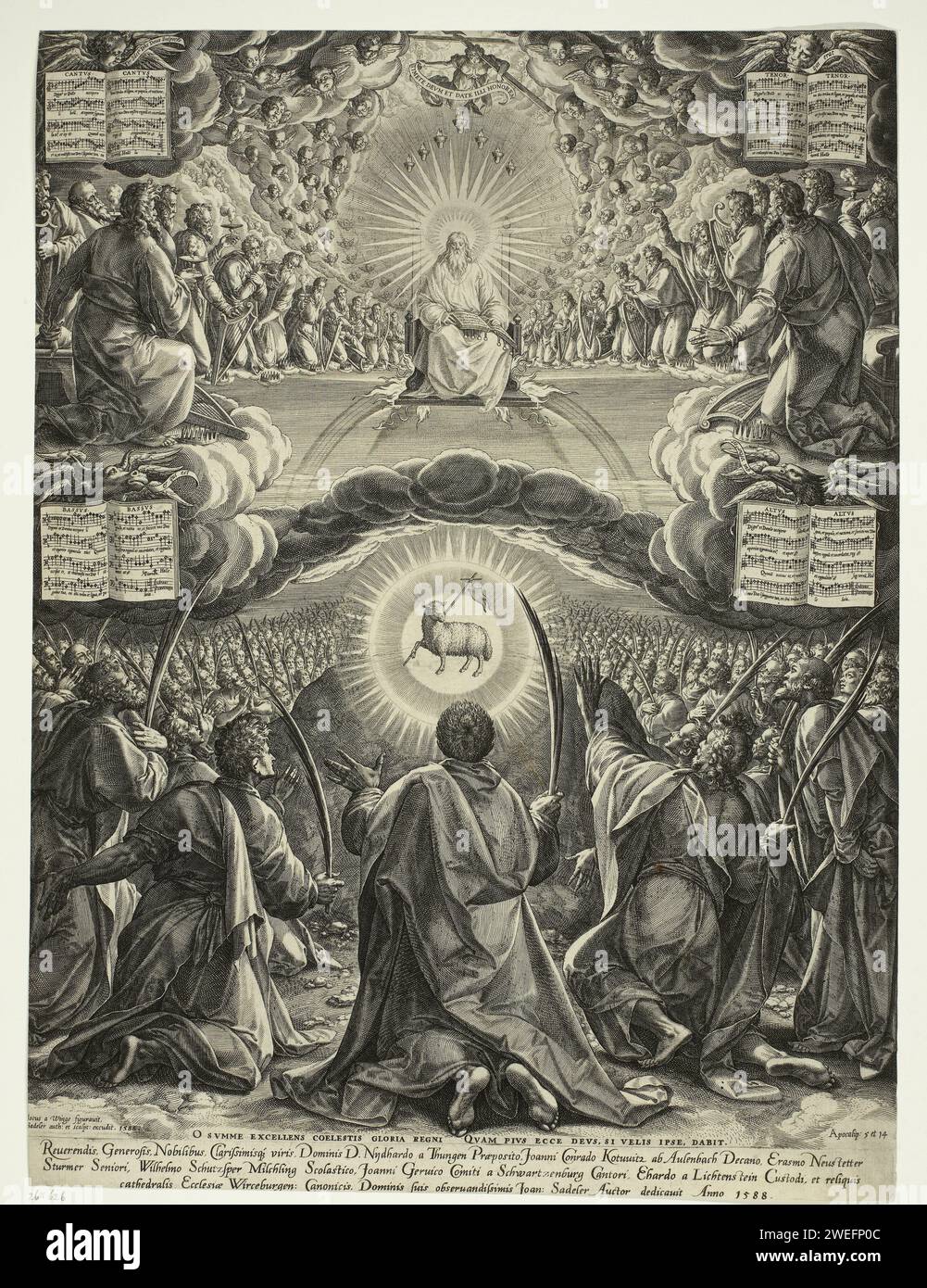 Anbetung des Lammes Gottes, Johann Sadeler (I), nach Joos van Winghe, 1588 Druck Könige und Propheten - die 24 Ältesten der Apokalypse - repräsentieren den Text aus den prophetischen Visionen von Johannes, der auf dem Druck gelesen werden kann. Gemeinsam mit den himmlischen Heerscharen loben sie Gott mit Harfenspielen und Schüsseln voller Geruch, die auf einem Thron sitzen und das Buch mit den 7 Briefmarken halten. Die Symbolfiguren der vier Evangelisten Johannes (Engel), Marcus (Leeuw), Lucas (Vieh) und Matthew (Adler) tragen die Musikbücher, die immer zwei Stimmen der achtstimmigen Motette von Pévernage zeigen. Die Stockfoto