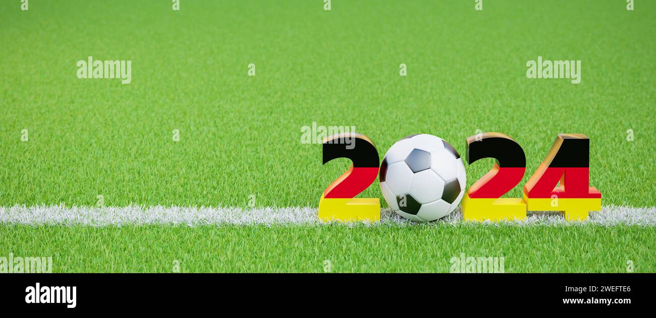 Fußballveranstaltungen in Deutschland im 2024 Konzept. Ein Soccerball innerhalb der Ziffern 2 24, gefärbt mit den Farben der deutschen Flagge auf einer grünen Grasfläche mit einem Cha Stockfoto