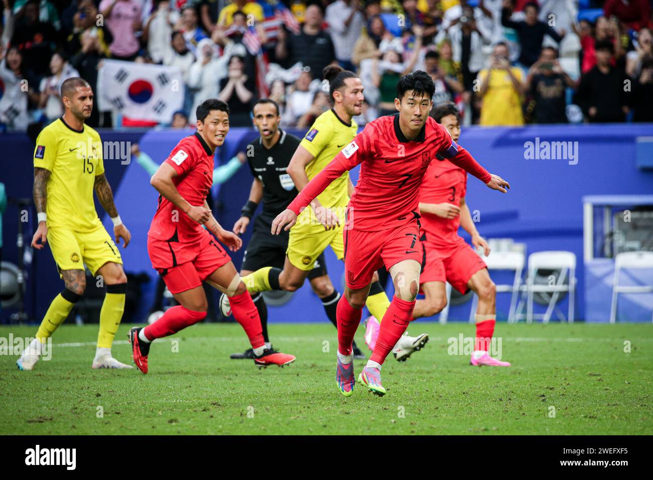 Doha, Katar, 25. Januar 2024, AFC Asian Cup Katar 2023 Gruppe E - Südkorea 3:3 Malaysia, Joeng Woo-yeong und Son Heung-min Ergebnis für Südkorea, Faisal Halim Arif, Aiman Hanapi, Romel Morales Ergebnis für Malaysia. Stockfoto