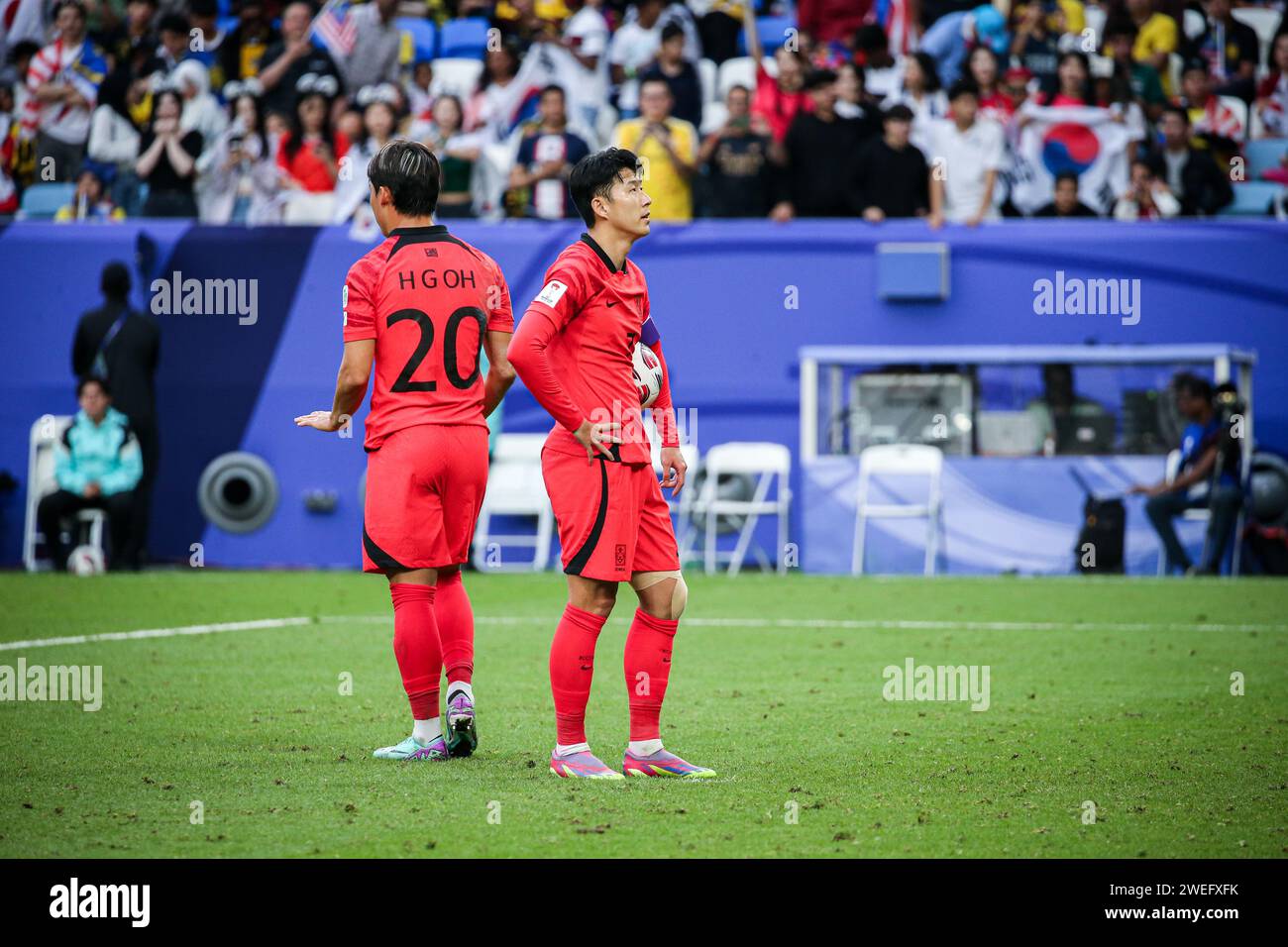 Doha, Katar, 25. Januar 2024, AFC Asian Cup Katar 2023 Gruppe E - Südkorea 3:3 Malaysia, Joeng Woo-yeong und Son Heung-min Ergebnis für Südkorea, Faisal Halim Arif, Aiman Hanapi, Romel Morales Ergebnis für Malaysia. Stockfoto