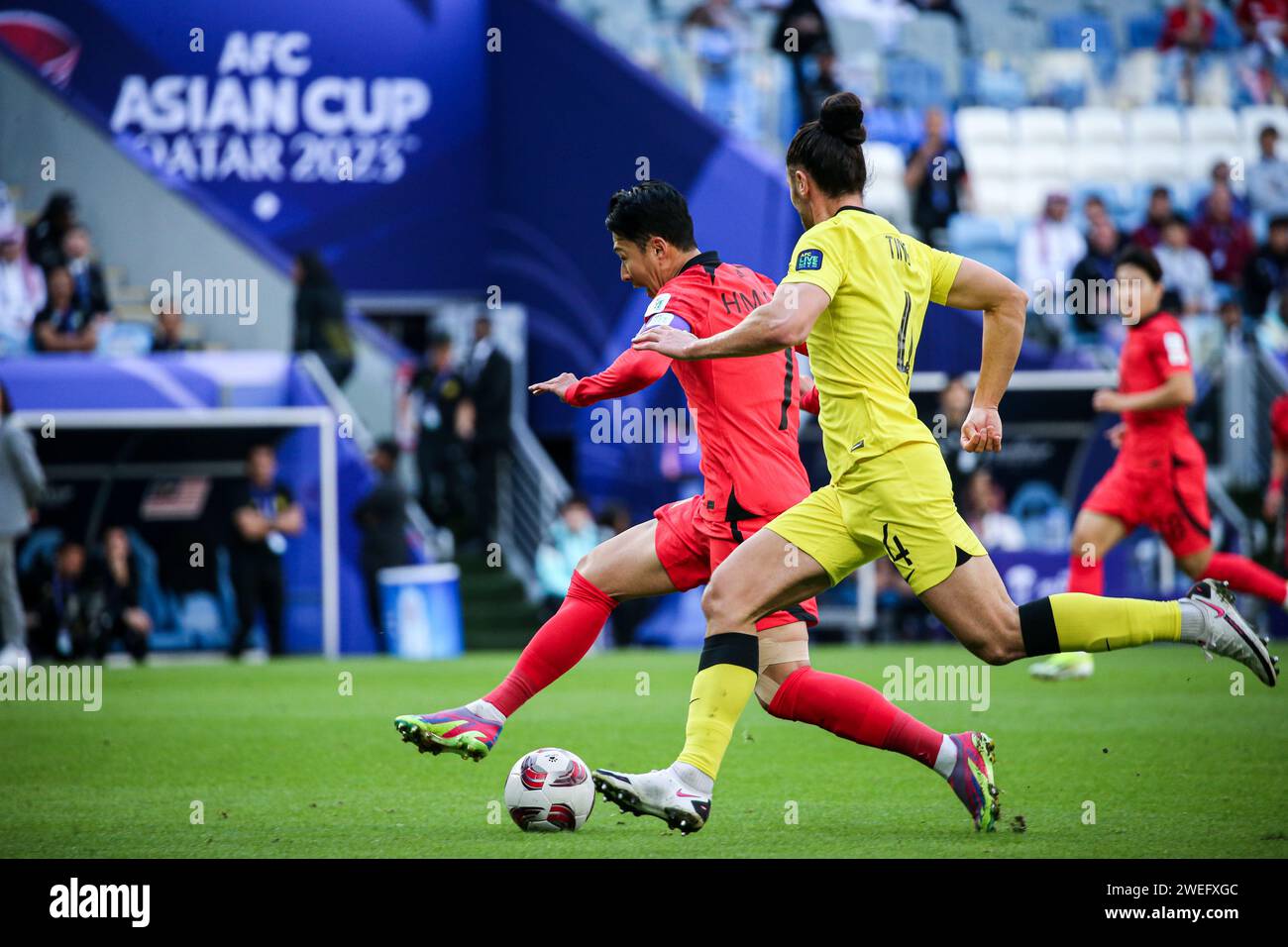 Doha, Katar, 25. Januar 2024, AFC Asian Cup Katar 2023 Gruppe E - Südkorea 3:3 Malaysia, Joeng Woo-yeong und Son Heung-min Ergebnis für Südkorea, Faisal Halim Arif, Aiman Hanapi, Romel Morales Ergebnis für Malaysia. Stockfoto