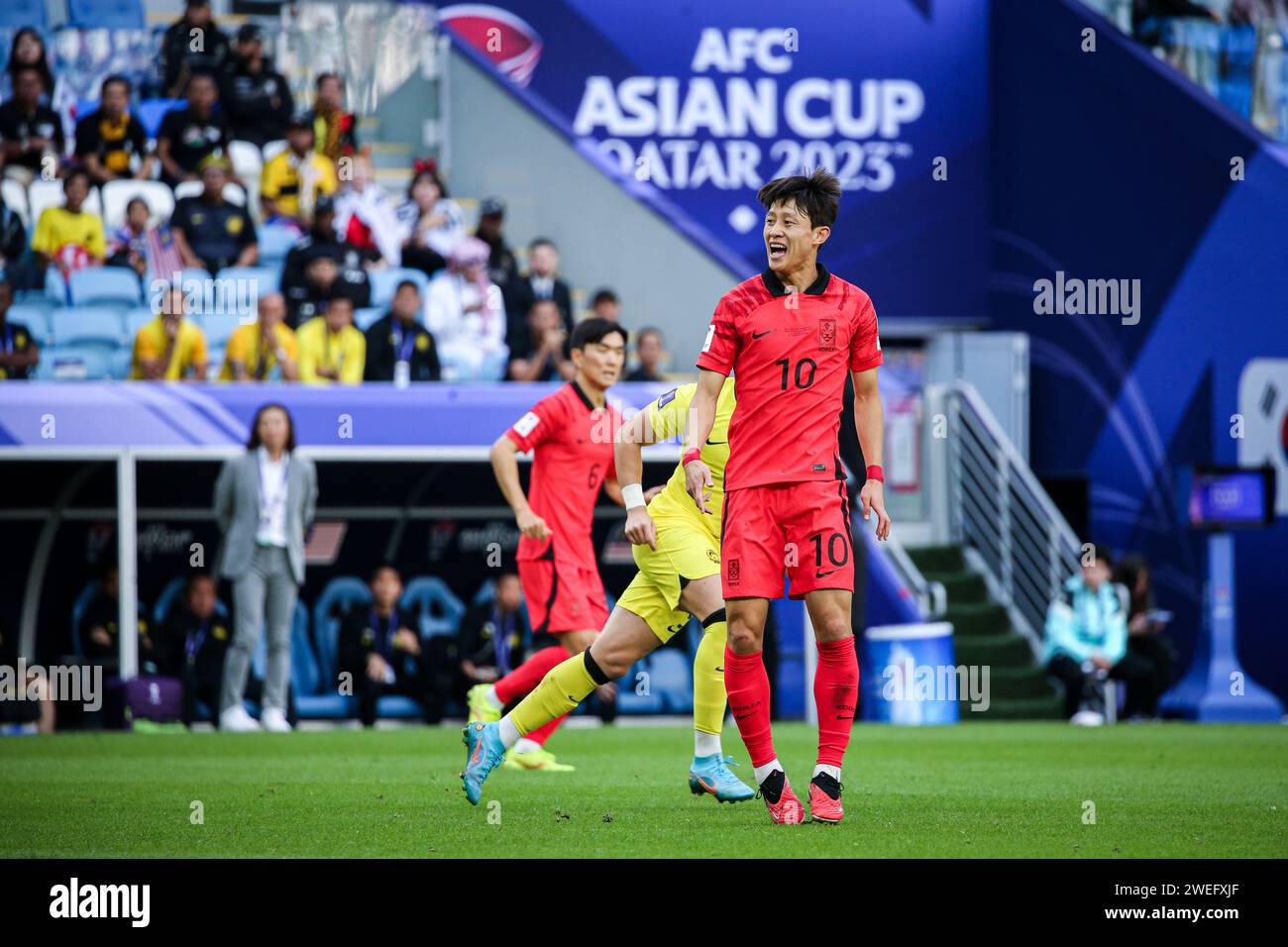 Doha, Katar, 25. Januar 2024, AFC Asian Cup Katar 2023 Gruppe E - Südkorea 3:3 Malaysia, Joeng Woo-yeong und Son Heung-min Ergebnis für Südkorea, Faisal Halim Arif, Aiman Hanapi, Romel Morales Ergebnis für Malaysia. Stockfoto