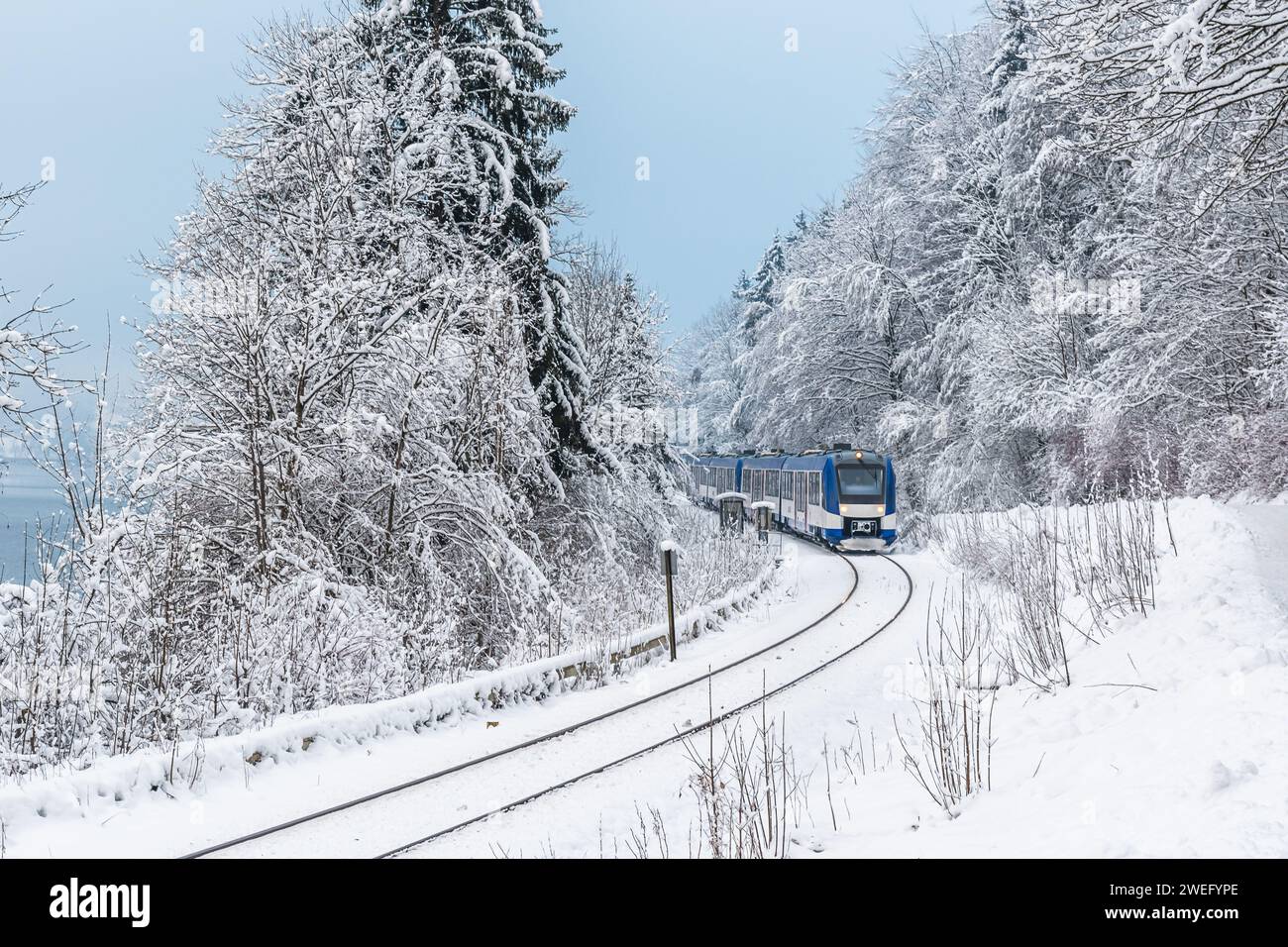 Nahverkehrszüge fahren durch verschneite Landschaften in Bayern Stockfoto
