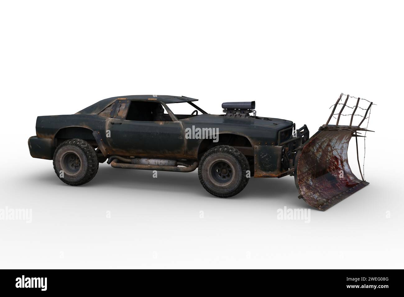 Seitenansicht eines postapokalyptischen Fahrzeugs mit blutbeflecktem Pflug zur Beseitigung von Zombies. 3D-Illustration isoliert auf weißem Hintergrund. Stockfoto