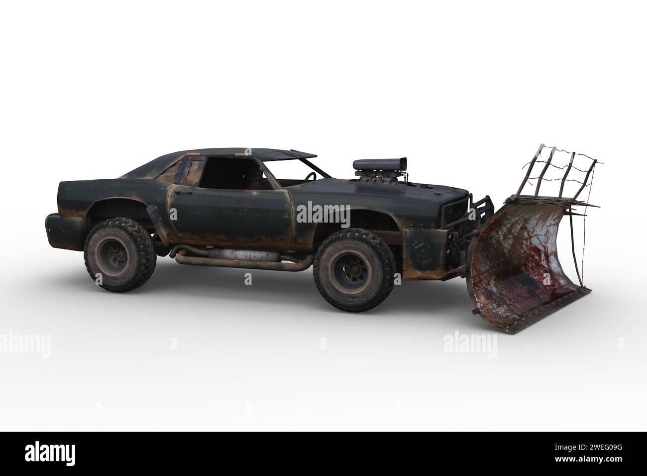 Seitenansicht eines postapokalyptischen Fahrzeugs mit blutbeflecktem Pflug zur Beseitigung von Zombies. 3D-Illustration isoliert auf weißem Hintergrund. Stockfoto