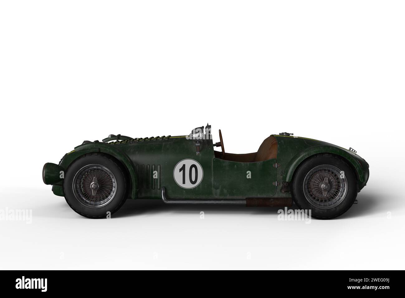 Alter grüner Vintage-Rennwagen. 3D-Illustration isoliert auf weißem Hintergrund. Stockfoto