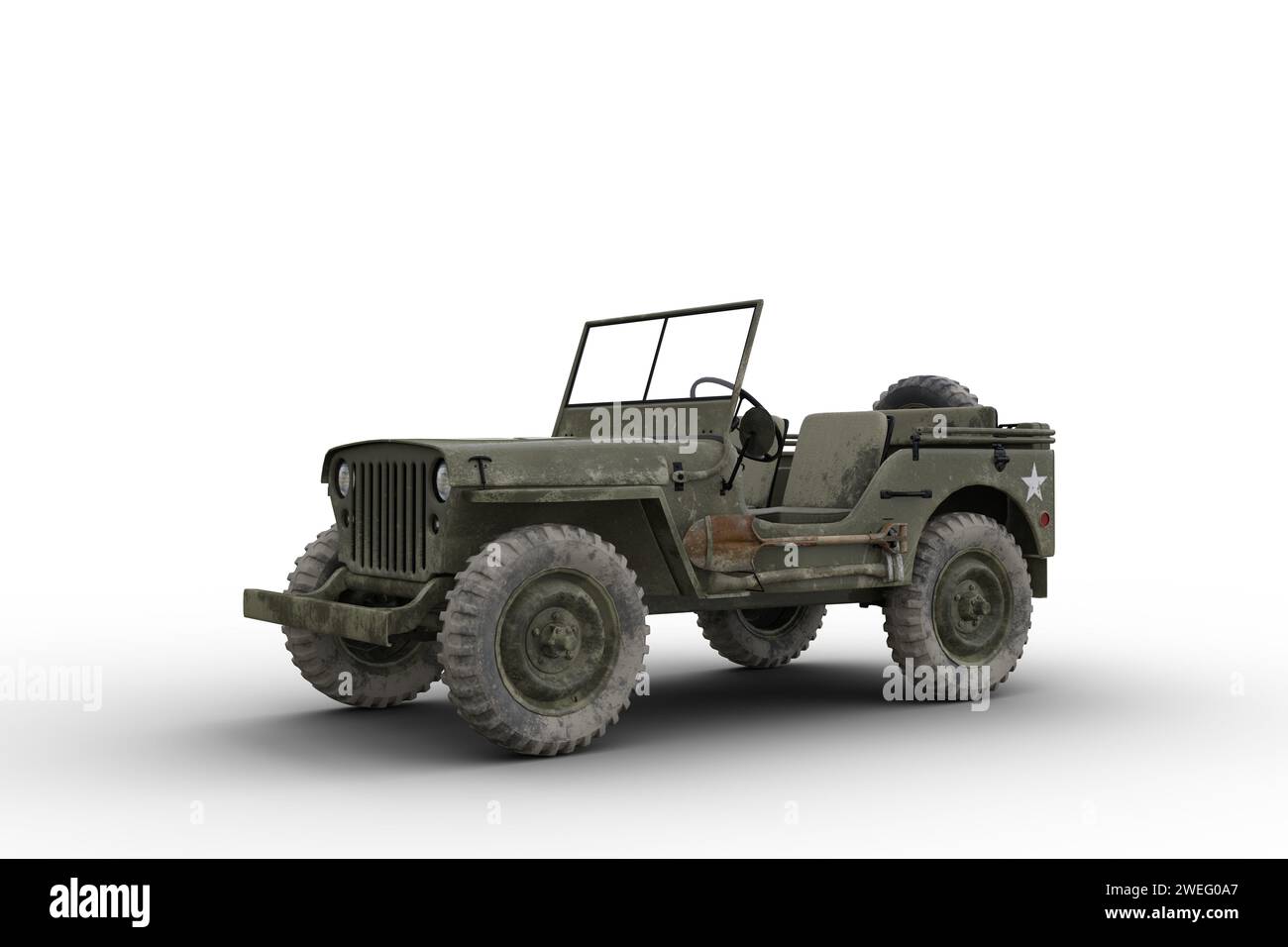 Grüner Geländewagen im Retro-Look aus dem vorderen Seitenwinkel. 3D-Illustration isoliert auf weißem Hintergrund. Stockfoto