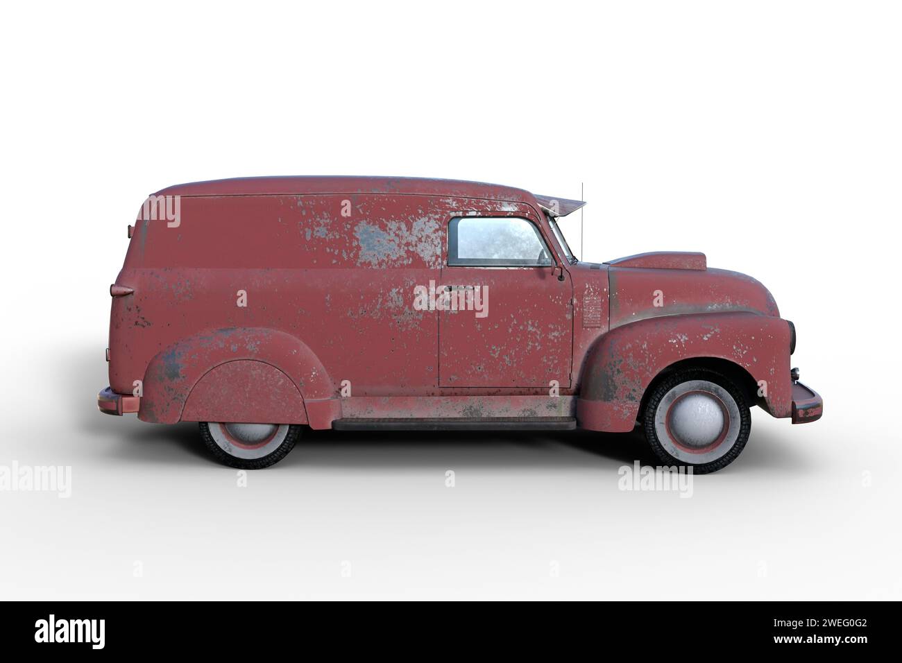 Ein alter amerikanischer Vintage-Van mit verblasster und abblätternder roter Farbe. 3D-Illustration der Seitenansicht, isoliert auf weißem Hintergrund. Stockfoto