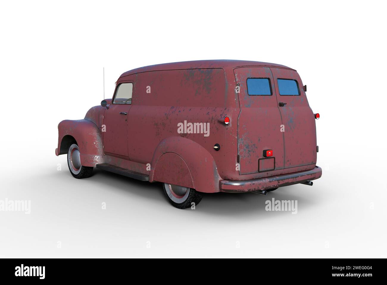 Ein alter amerikanischer Vintage-Van mit verblasster und abblätternder roter Farbe. 3D-Abbildung der hinteren Ecke auf weißem Hintergrund. Stockfoto