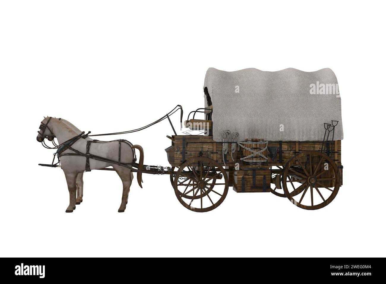 Wagen im alten westlichen Stil, gezogen von zwei weißen Pferden. Keine Personen. 3D-Illustration isoliert auf weiß. Stockfoto