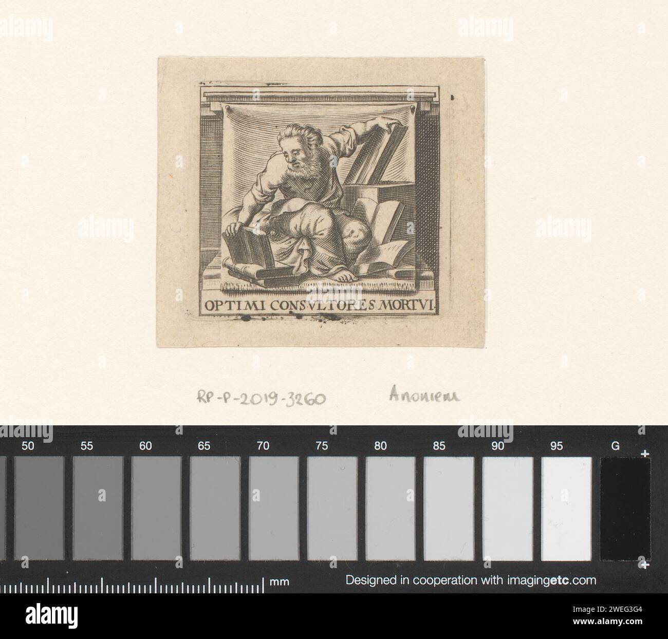 Mann zwischen Büchern, Anonym, um 1600 - um 1699 Druckpapierstich Lesen Stockfoto