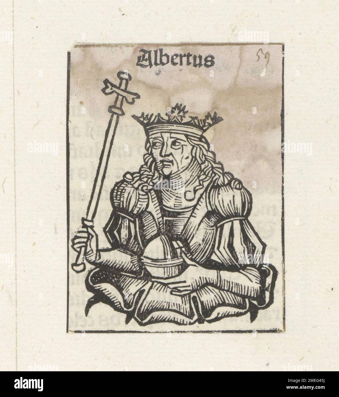 Roman-Koning Albrecht II. Van Habsburg, Michel Wolgemut (Werkstatt), 1493 drucken Sie Einen Blumenkelch mit einem König, nach links gedreht. In seinen Händen hat er einen reichen Apfel und ein Zepter. Die Show ist Teil der Überraschung Keizers im Liber Chronicarum. Der Text identifiziert den Mann als römischen König Albrecht II. Der Ausdruck ist Teil eines Albums. Papier Letterpress Printing King. kaiser Stockfoto