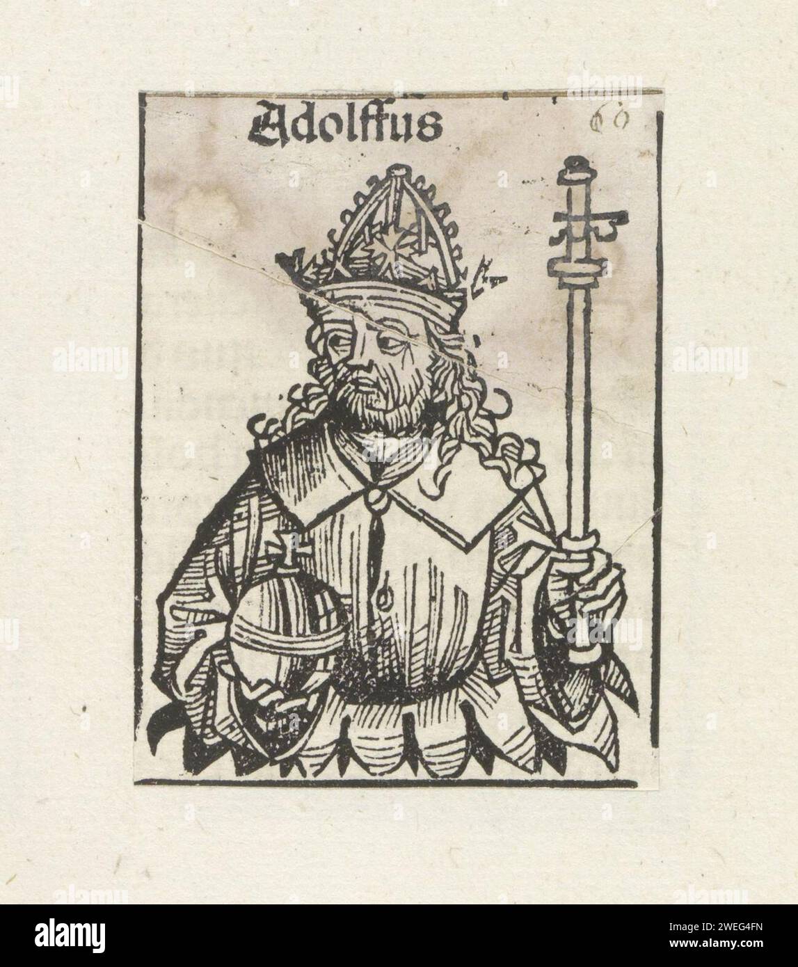 Römischer König Adolf van Nassau, Michel Wolgemut (Werkstatt), 1493 drucken Sie Einen Blumenkelch mit einem König, dessen Kopf nach links gerichtet ist. In seinen Händen hat er einen reichen Apfel und ein Zepter. Die Show ist Teil der Überraschung Keizers im Liber Chronicarum. Der Text identifiziert den Mann als Adolf van Nassau, Roman-Koning. Der Ausdruck ist Teil eines Albums. Papier Letterpress Printing King. kaiser Stockfoto