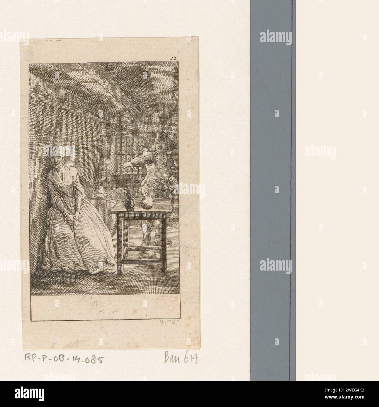 Late Rust, Daniel Nikolaus Chodowiecki, 1779 Abdruck Luise endet in einer Zellenarmung, wo sie über ihr Leben reflektiert. Oben rechts nummeriert: 12. Papier ätzend Gefängnis, Gefängnis Stockfoto