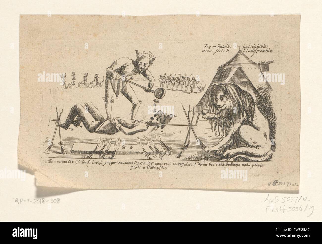 General Bertay aan het Spit, CA. 1787-1790, Anonym, 1787-1790 Cartoon über General Bertay, der vom Brabanter Löwen auf einer Spieße gebraten wird. Der Teufel verbindet den General mit Kokardes. Teil einer großen Sammlung von Druckgrafiken, die sich auf die Ereignisse der Brabanter Revolution und die Zeit von 1787 bis 1790 beziehen. Papierätzspucke  Kochen - CC - im Freien Brabant Stockfoto